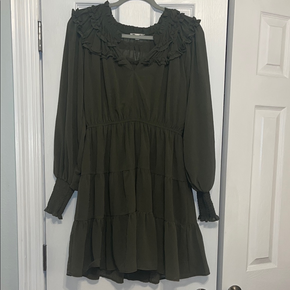 Dark Green (Olive) Ruffled Long Sleeve Dress